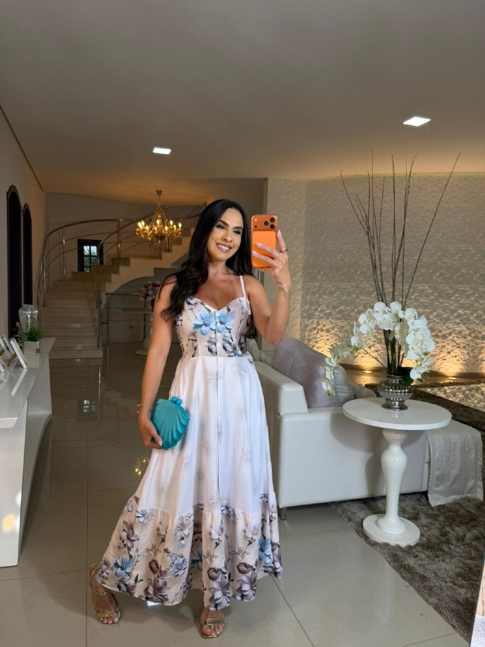 Vestido Joana Nude Flor Azul