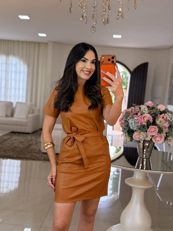 Vestido Couro Melina Caramelo