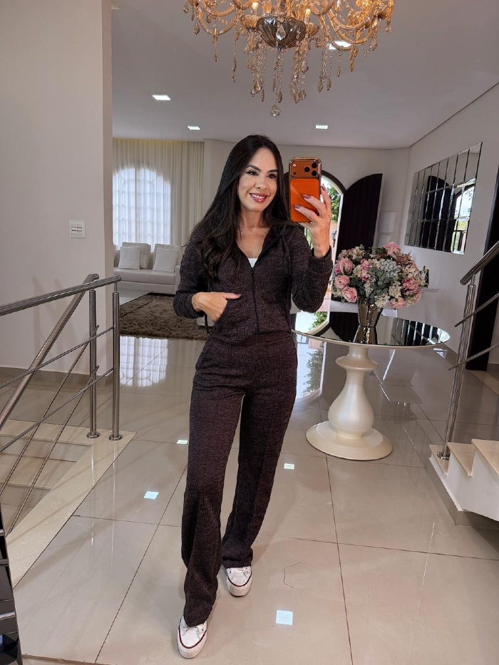 Conjunto em Malha Rib Paola Marrom Chumbo