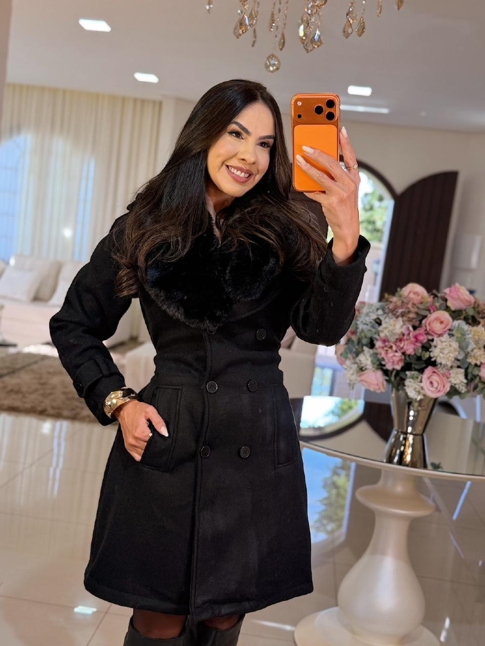 Sobretudo Lã Batida Importado Aline Anne Preto