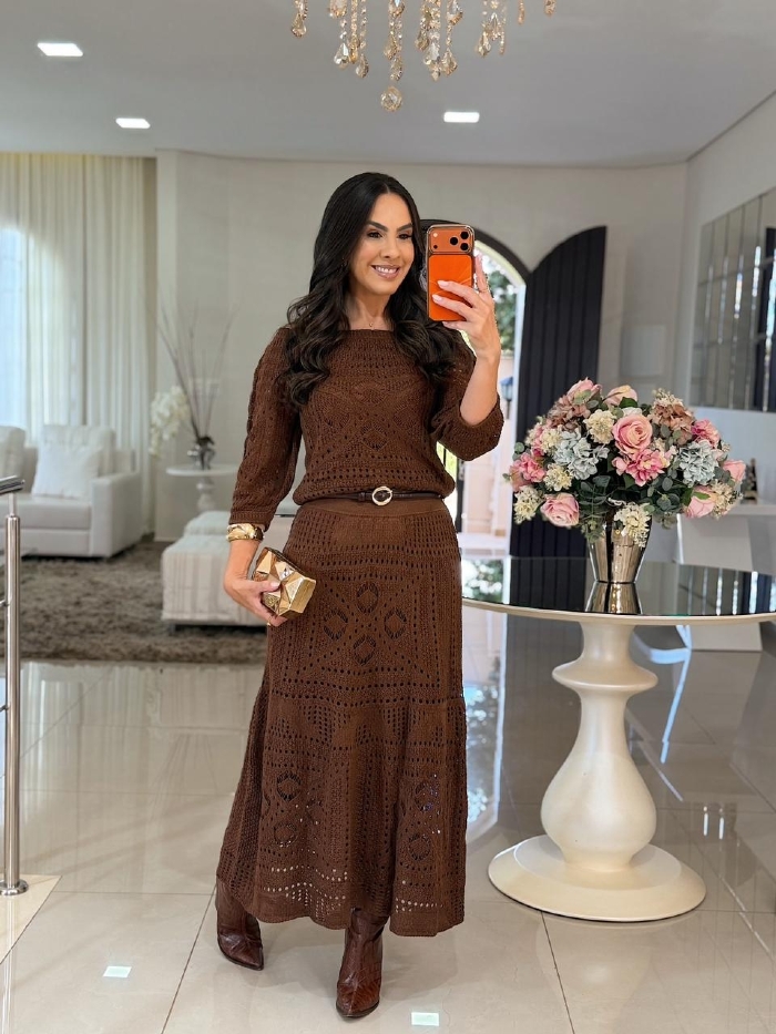 Conjunto Tricô Helena Marrom