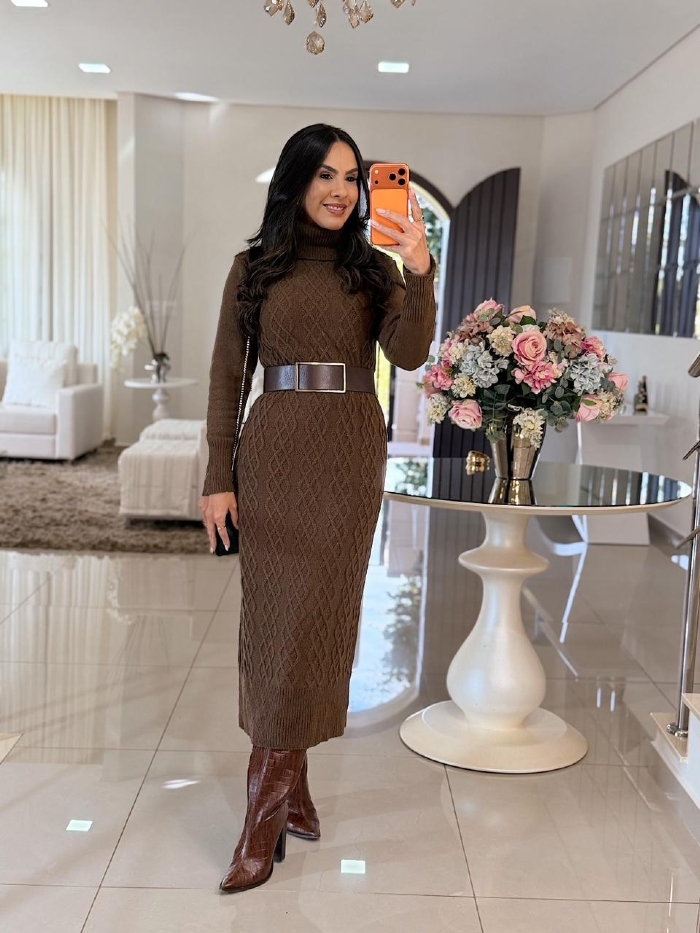Vestido Tricô Mídi Verona Marrom