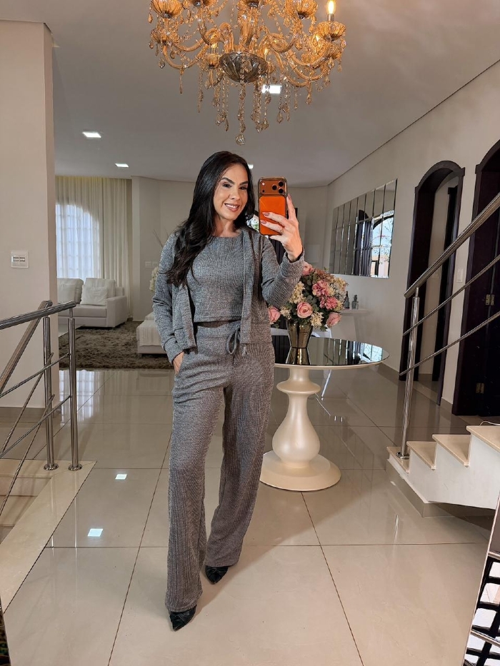 Conjunto Ravena Malha Rib. Cinza