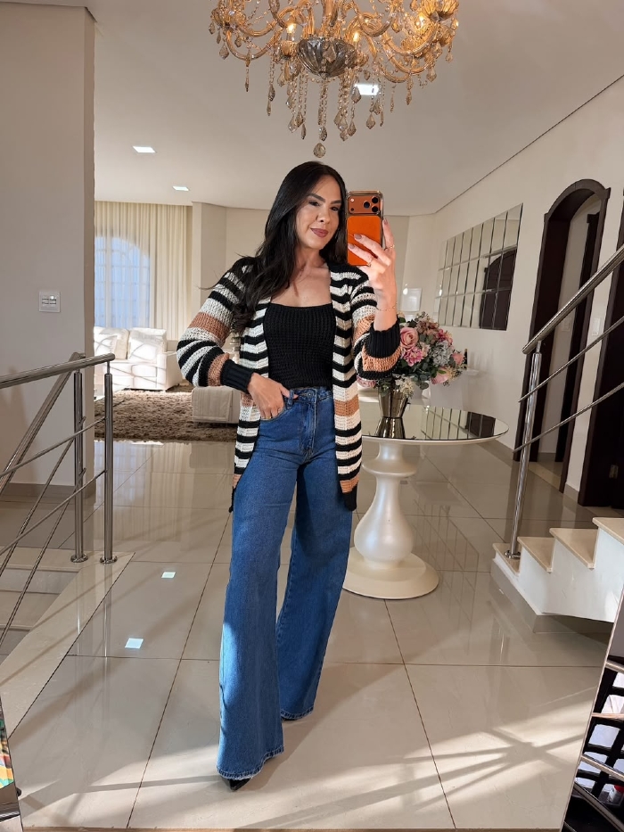 Conjunto Máxi Cardigam + Cropped em Tricô Preto com Nude
