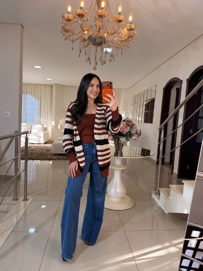 Conjunto Máxi Cardigam + Cropped em Tricô Marrom