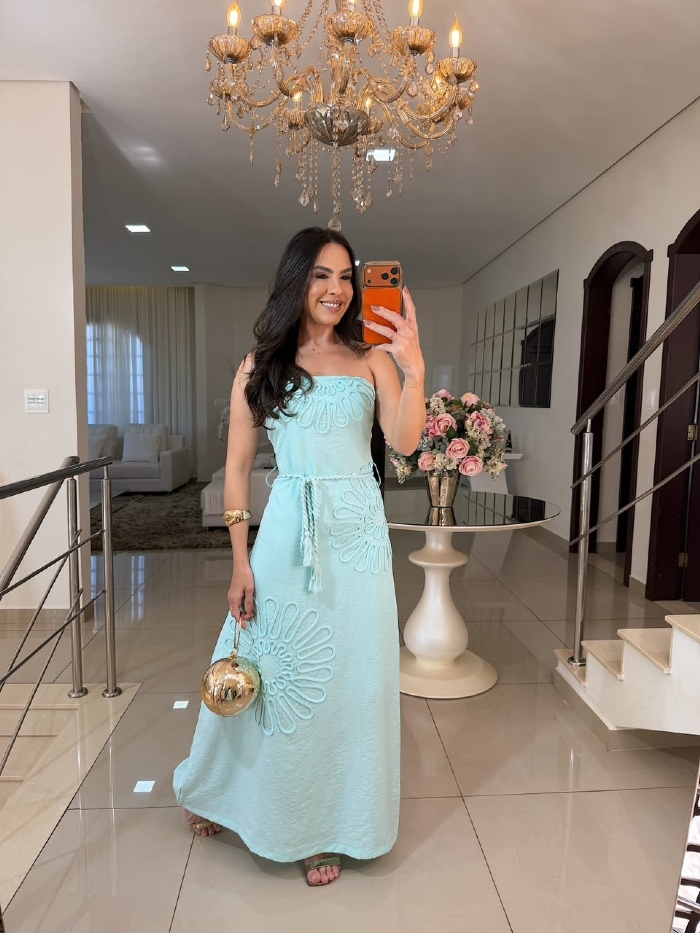Vestido Bordado Maria Lua Verde Água