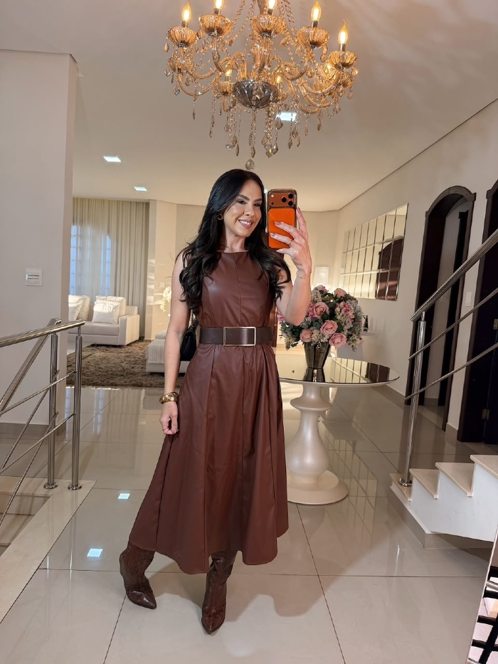 Vestido Midi Couro Beatriz Marrom