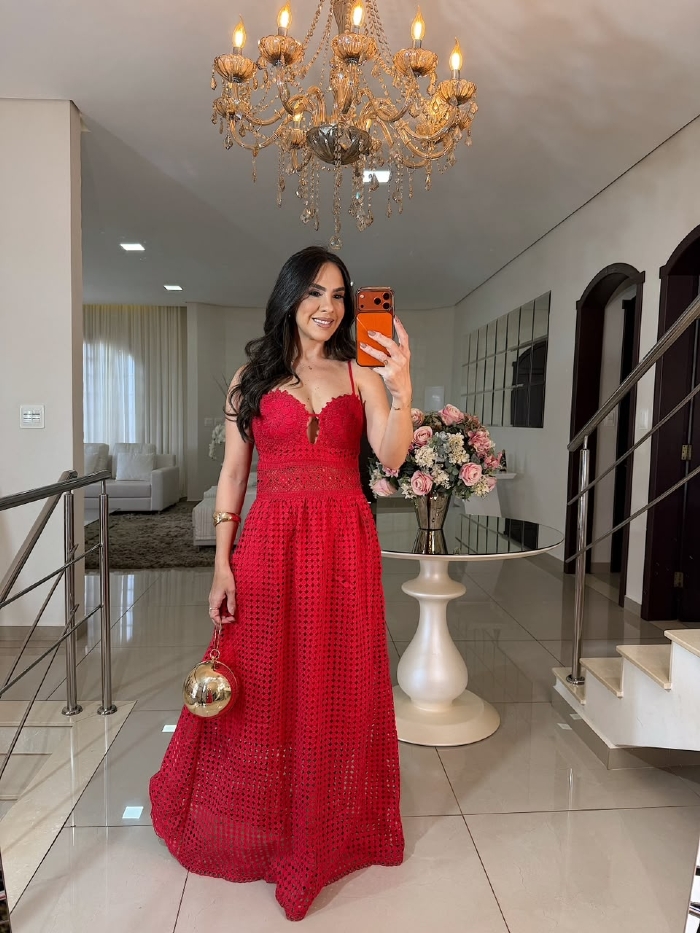 Vestido Importado em Renda Guipir Melissa Vermelho