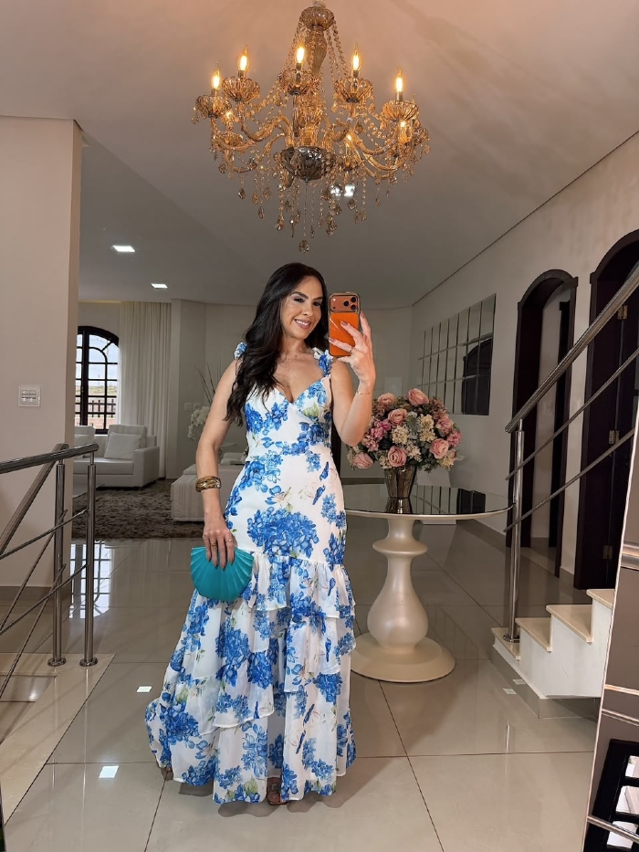 Vestido Luara Branco Flores Azul