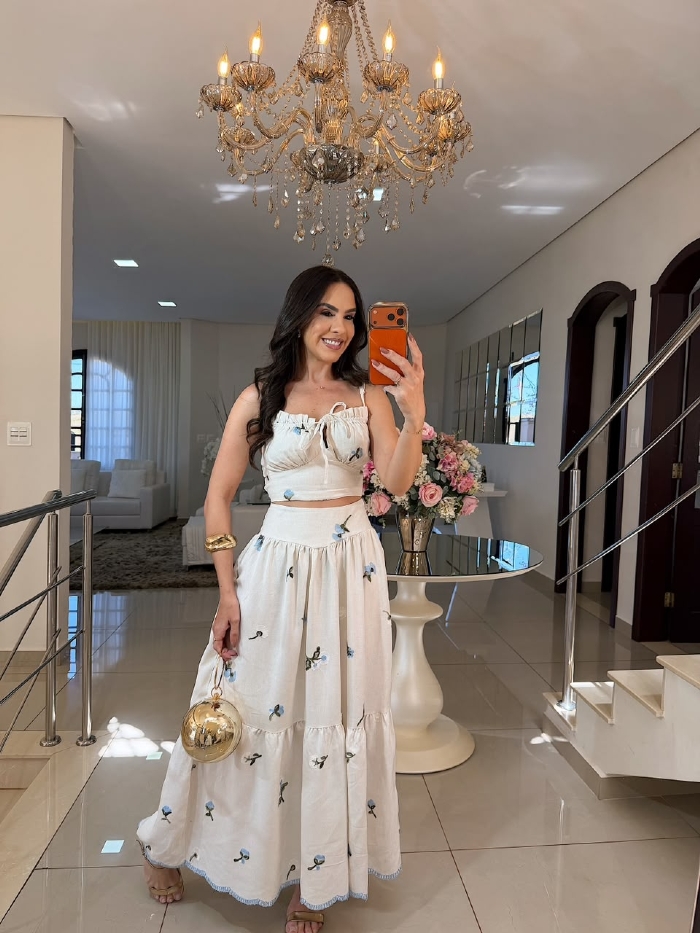 Conjunto em Linho Estampa Floral Azul Estefany