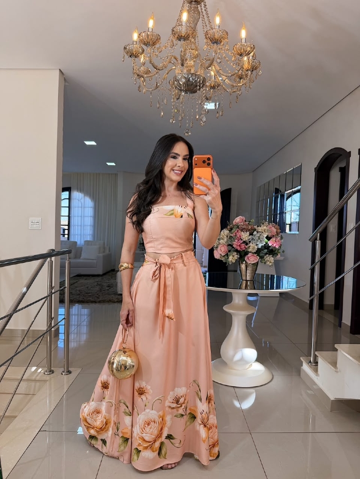 Conjunto Maria Rita Estampa Floral Salmão