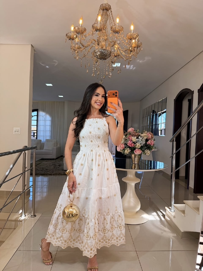 Vestido em Laise Rosália Branco Estampado Nude