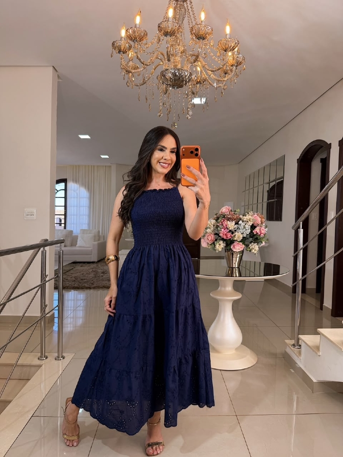 Vestido em Laise Rosália Azul Petróleo