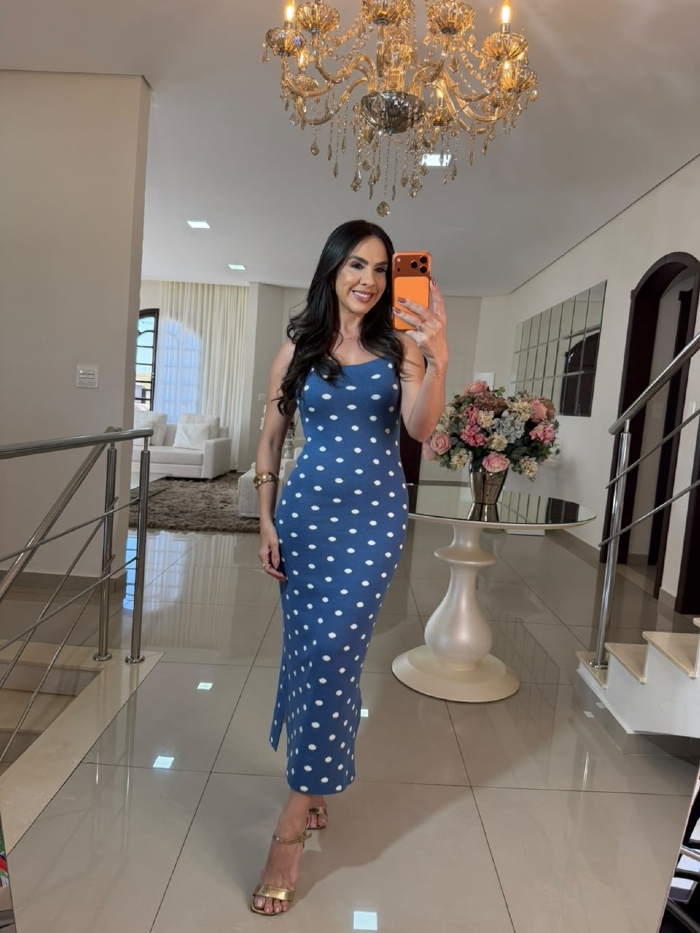 Vestido Tricô Mousse Ariane Poá Azul
