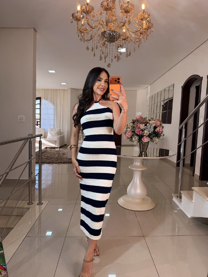Vestido Graziela Listrado Azul Petróleo