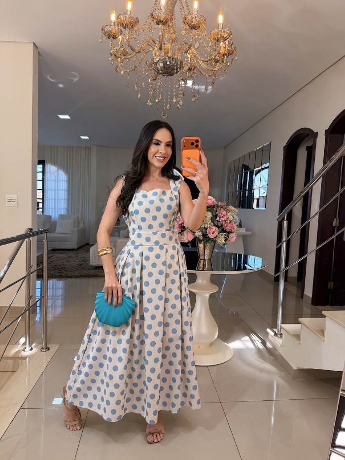 Vestido em Linho Sônia Poá Azul