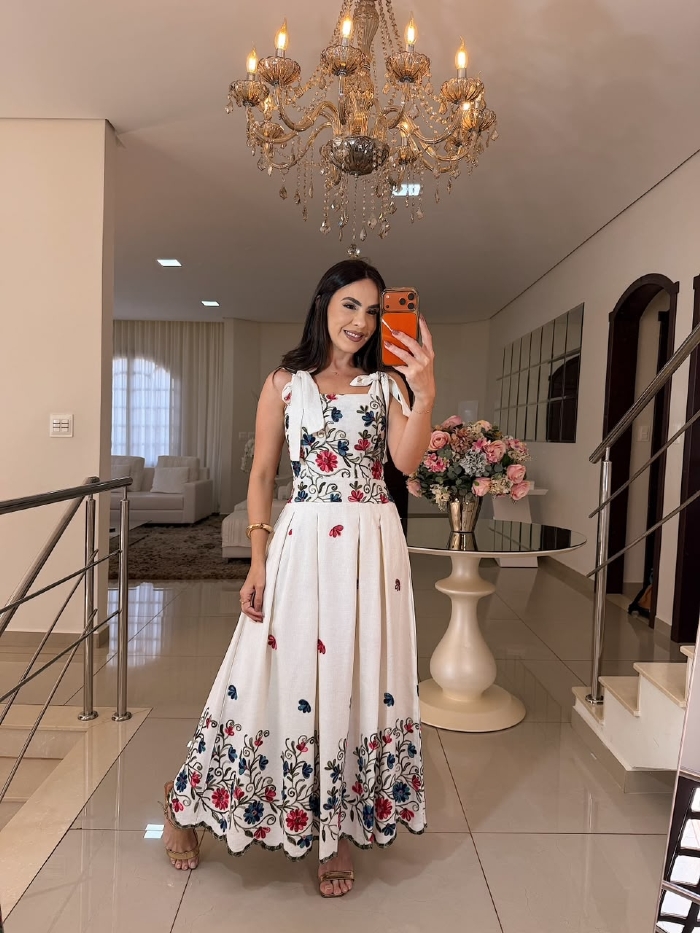 Vestido em Linho Alexia Areia Flores Vermelha e Azul Marinho