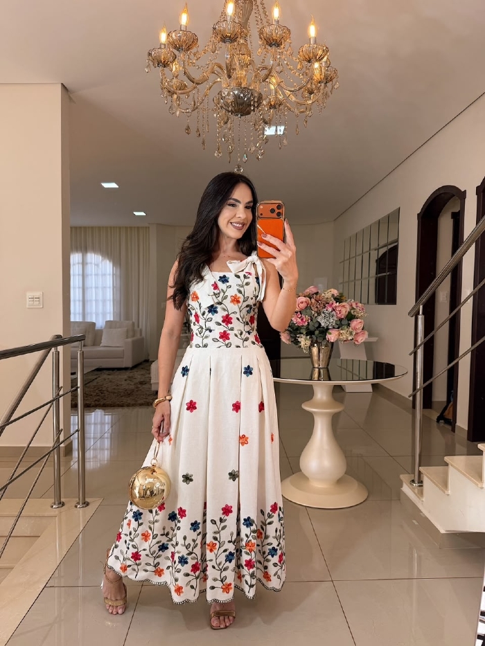 Vestido em Linho Alexia Areia Flores Laranja