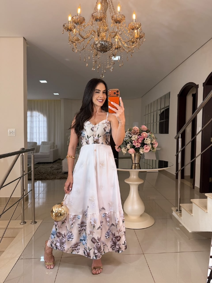 Vestido Joana Nude Flor Azul