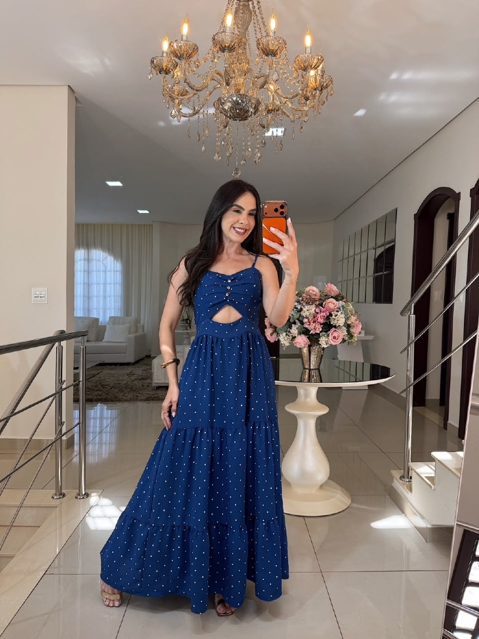 Vestido Francisca Azul Marinho Poá