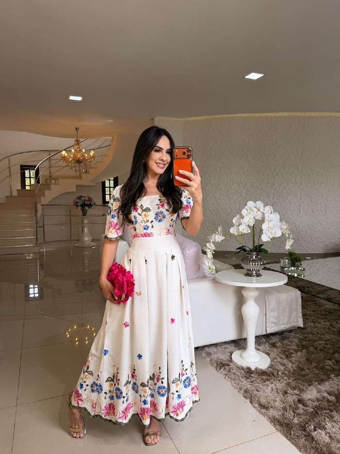 Vestido em Linho Alexia com Manga Areia Estampado Rosa