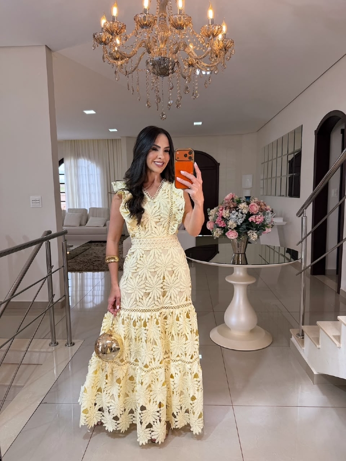 Vestido Renda Guipir Adelia Amarelo Mateiga