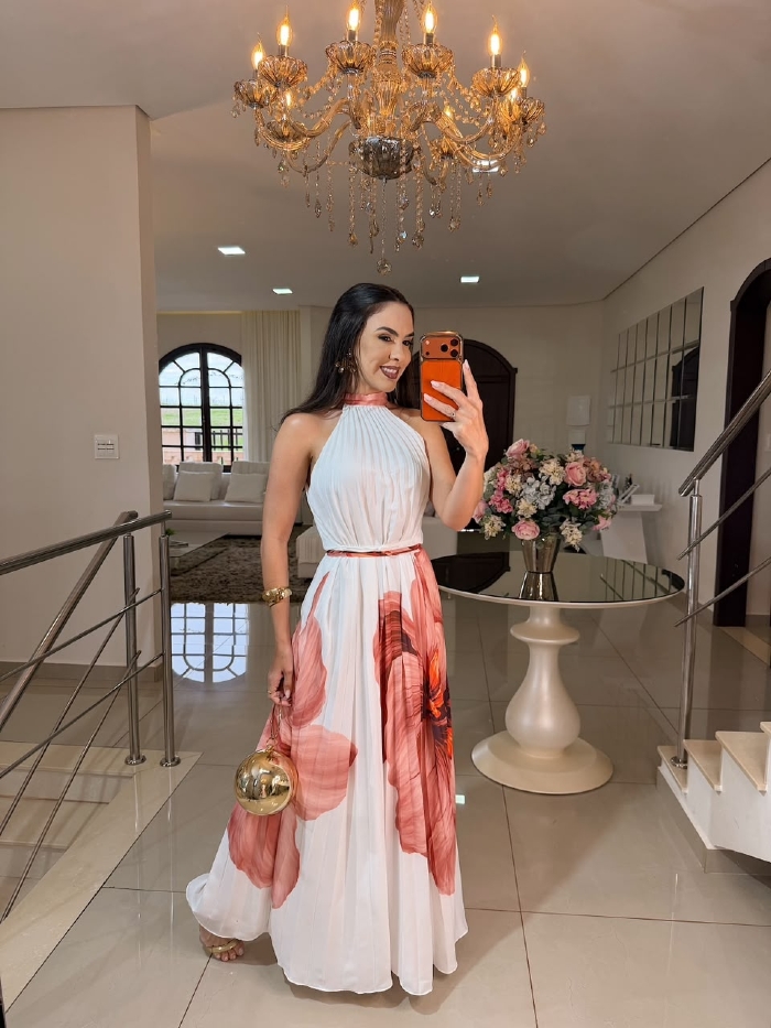 Vestido Floral Plissado Ariella Branco