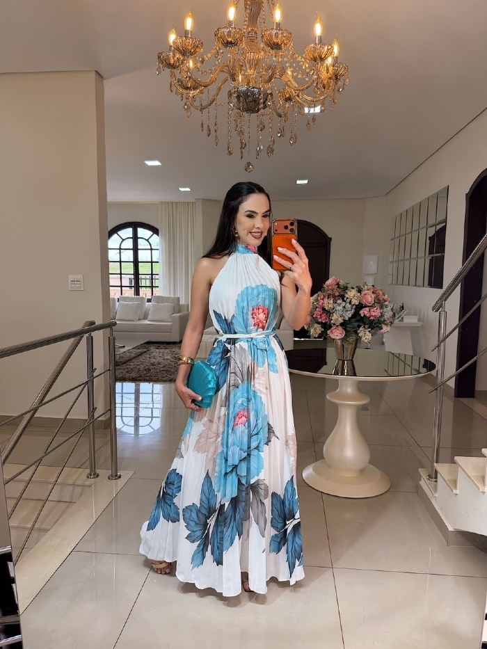 Vestido Floral Plissado Ariella Azul