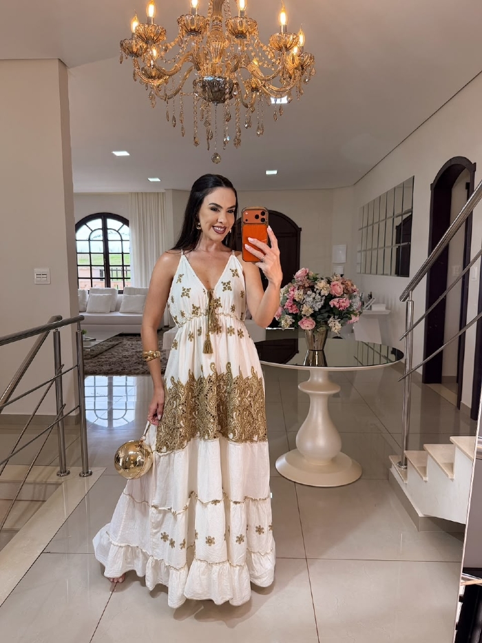 Vestido Fiorella Areia com Detalhes Marrom