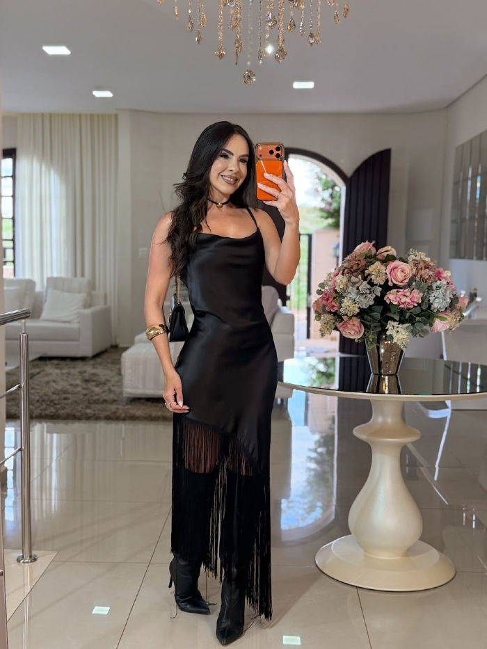 Vestido Cetim Franjas Angelita Preto