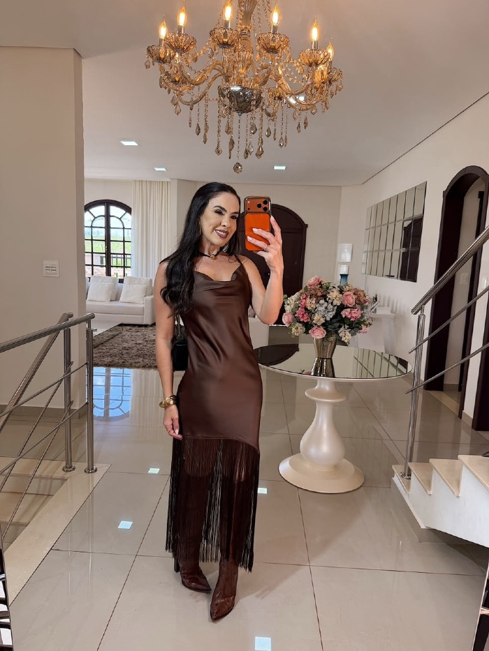 Vestido Cetim Franjas Angelita Marrom