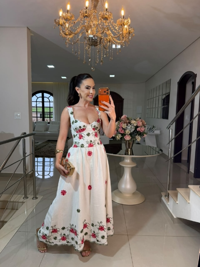 Vestido Neise Areia Flores Vermelhas