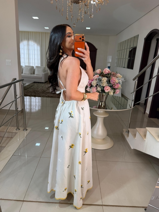 Vestido em Linho Estampa Floral Amarelo Margot